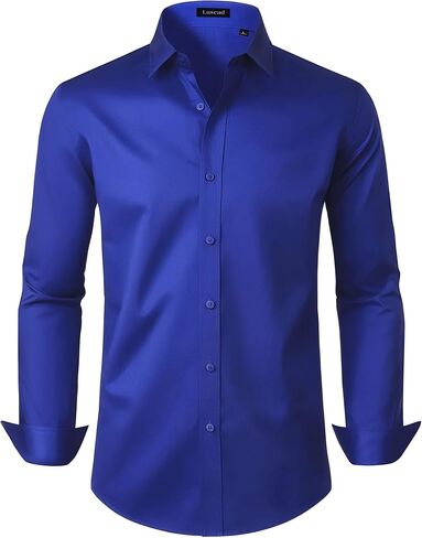 Mens Dress Shirts Long Sleeve Cotton Wrinkle Free Stretch Solid Casual Formal Wedding Business Button Down Shirt in Saudi Arabia