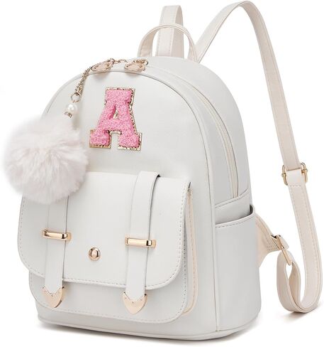 seyfocnia Initial Cute Mini Backpack, Small Backpack Purse for Women Personalized Letter Style Small Leather Backpack Pompom Back Pack Shoulder Bag for Gifts, Travel - White (Letter A) in Kuwait
