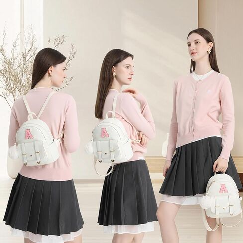 seyfocnia Initial Cute Mini Backpack, Small Backpack Purse for Women Personalized Letter Style Small Leather Backpack Pompom Back Pack Shoulder Bag for Gifts, Travel - White (Letter A) in Kuwait
