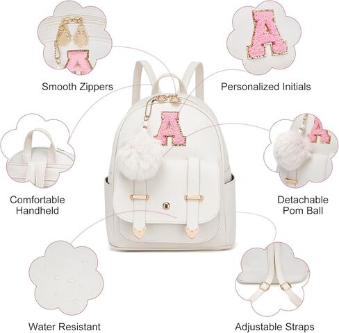 seyfocnia Initial Cute Mini Backpack, Small Backpack Purse for Women Personalized Letter Style Small Leather Backpack Pompom Back Pack Shoulder Bag for Gifts, Travel - White (Letter A) in Kuwait