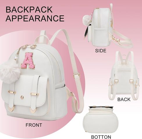 seyfocnia Initial Cute Mini Backpack, Small Backpack Purse for Women Personalized Letter Style Small Leather Backpack Pompom Back Pack Shoulder Bag for Gifts, Travel - White (Letter A) in Kuwait