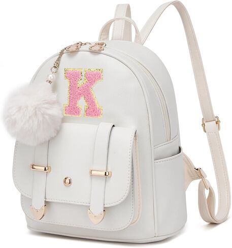 seyfocnia Initial Cute Mini Backpack, Small Backpack Purse for Women Personalized Letter Style Small Leather Backpack Pompom Back Pack Shoulder Bag for Gifts, Travel - White (Letter A) in Kuwait