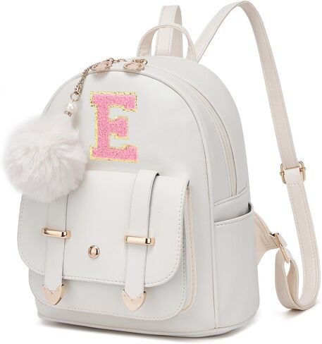 seyfocnia Initial Cute Mini Backpack, Small Backpack Purse for Women Personalized Letter Style Small Leather Backpack Pompom Back Pack Shoulder Bag for Gifts, Travel - White (Letter A) in Kuwait