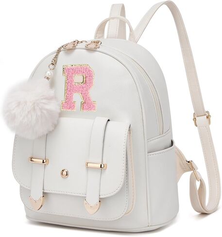 seyfocnia Initial Cute Mini Backpack, Small Backpack Purse for Women Personalized Letter Style Small Leather Backpack Pompom Back Pack Shoulder Bag for Gifts, Travel - White (Letter A) in Kuwait