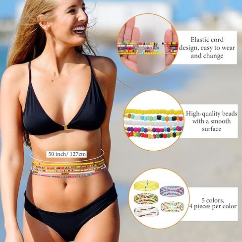 20 Pcs Elastic Waist Beads - 50 Inch African Waist Beads for Women, Plus Size Belly Body Chain Jewelry with 5 Color Variations for Fitness Tracking in Saudi Arabia