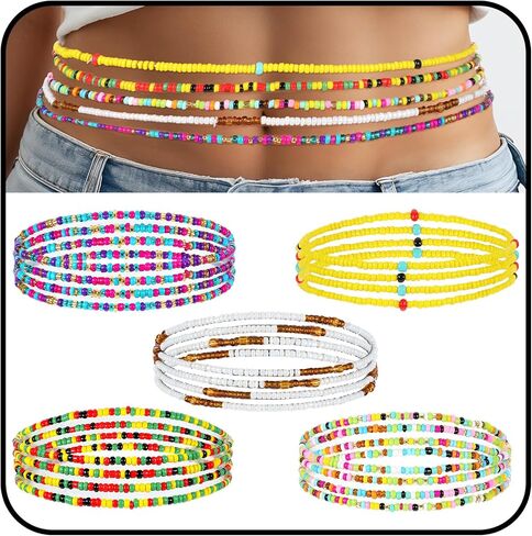 20 Pcs Elastic Waist Beads - 50 Inch African Waist Beads for Women, Plus Size Belly Body Chain Jewelry with 5 Color Variations for Fitness Tracking in Saudi Arabia