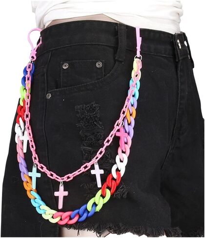 Sup-Coente Women Y2K Colorful Long Pants Pocket Chain - Double Punk Acrylic, Rainbow Pastel Goth for Concert Streetwear in Saudi Arabia