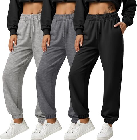 3 Pack Women's Joggers Sweatpants with Pockets, Elastic High Waisted Drawstring Baggy Lounge Trousers Yoga Workout in Saudi Arabia