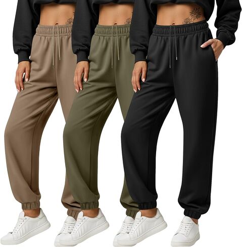 3 Pack Women's Joggers Sweatpants with Pockets, Elastic High Waisted Drawstring Baggy Lounge Trousers Yoga Workout in Saudi Arabia