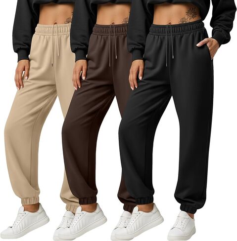 3 Pack Women's Joggers Sweatpants with Pockets, Elastic High Waisted Drawstring Baggy Lounge Trousers Yoga Workout in Kuwait