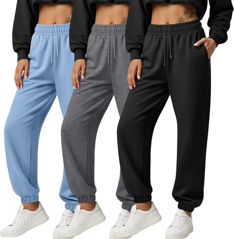 3 Pack Women's Joggers Sweatpants with Pockets, Elastic High Waisted Drawstring Baggy Lounge Trousers Yoga Workout in Saudi Arabia