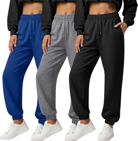 3 Pack Women's Joggers Sweatpants with Pockets, Elastic High Waisted Drawstring Baggy Lounge Trousers Yoga Workout in Saudi Arabia
