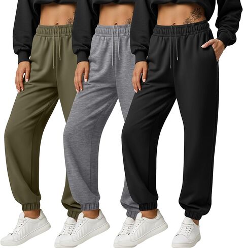 3 Pack Women's Joggers Sweatpants with Pockets, Elastic High Waisted Drawstring Baggy Lounge Trousers Yoga Workout in Saudi Arabia