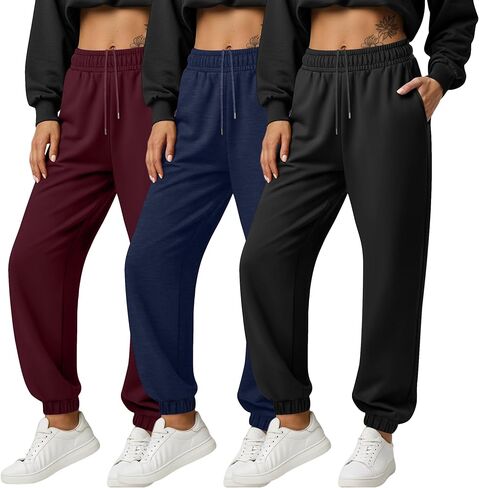 3 Pack Women's Joggers Sweatpants with Pockets, Elastic High Waisted Drawstring Baggy Lounge Trousers Yoga Workout in Saudi Arabia