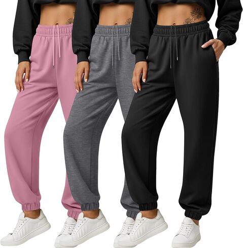 3 Pack Women's Joggers Sweatpants with Pockets, Elastic High Waisted Drawstring Baggy Lounge Trousers Yoga Workout in Saudi Arabia