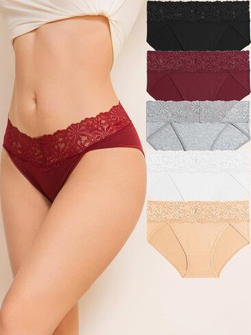 Womens Cotton Underwear Sexy Lace Waistband Panties Soft Breathable Bikini Hipster 5 Pack in Saudi Arabia