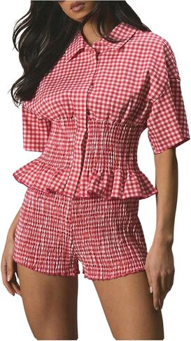 بلوزة نسائية SweatyRocks بأكمام قصيرة وأزرار سفلية من Peplum منقوشة ومطبوعة مكشكشة in Saudi Arabia