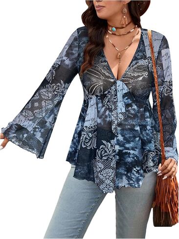 Floerns Women's Plus Size Tie Front Blouse Top Flare Long Sleeve Mesh Ruffle Peplum Top in Saudi Arabia