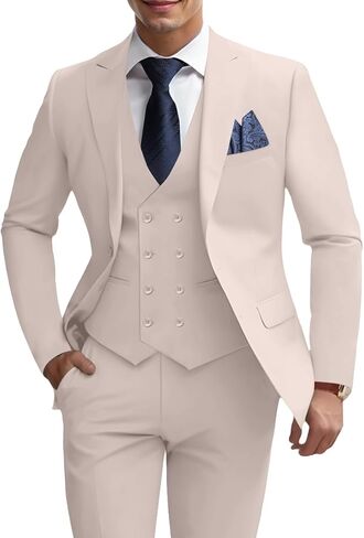 Mens 3 Piece Slim Fit Suit Set, Double Breasted Blazer Vest Pants Business Tuxedo Dress in Saudi Arabia