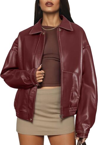EVALESS Leather Jacket Women Faux Motorcycle Coats Fashion Oversized Bomber Zip Up Jackets Trendy Fall Winter Outfits 2025 in Saudi Arabia