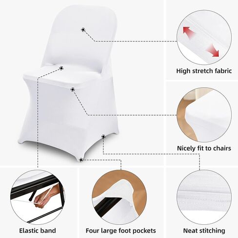 10 Packs White Spandex Stretch Folding Chair Covers for Wedding Party,Universal Fitted Washable Dining Seat Slipcovers Protector Decoration for Holiday Banquet Birthday Celebration Event in Saudi Arabia