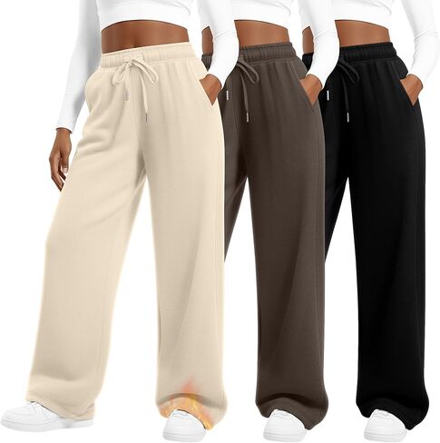 3 Pack Women's Plus Size Fleece Lined Pants Wide Leg Drawstring Sweatpants with Pocket Elastic Waisted Yoga Pants in Saudi Arabia
