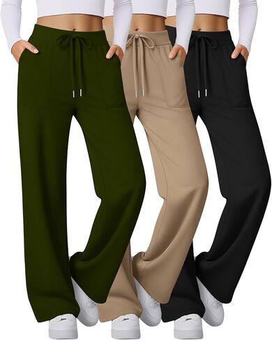 3 Pack Women's Wide Leg Sweatpants Baggy Workout High Waist Drawstring Jogger Winter Casual Yoga Pants with Pocket in Saudi Arabia