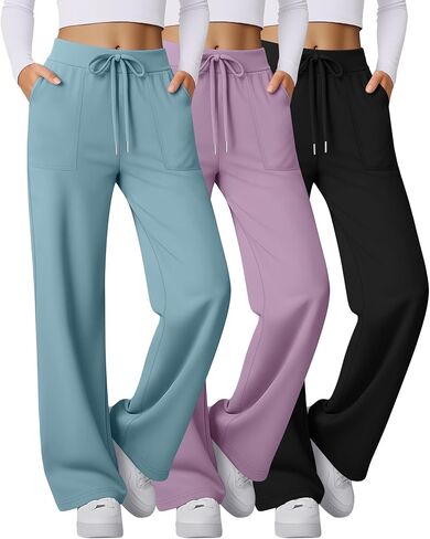 3 Pack Women's Wide Leg Sweatpants Baggy Workout High Waist Drawstring Jogger Winter Casual Yoga Pants with Pocket in Saudi Arabia