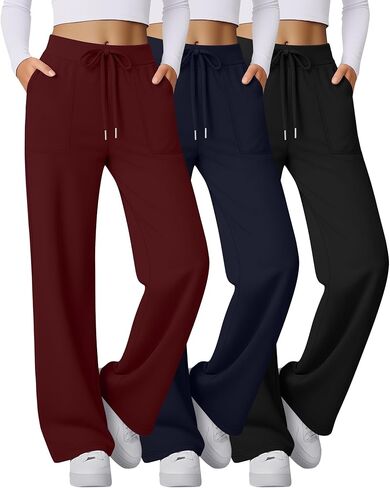 3 Pack Women's Wide Leg Sweatpants Baggy Workout High Waist Drawstring Jogger Winter Casual Yoga Pants with Pocket in Saudi Arabia