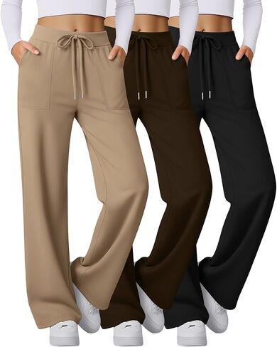 3 Pack Women's Wide Leg Sweatpants Baggy Workout High Waist Drawstring Jogger Winter Casual Yoga Pants with Pocket in Saudi Arabia