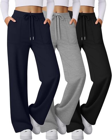 3 Pack Women's Wide Leg Sweatpants Baggy Workout High Waist Drawstring Jogger Winter Casual Yoga Pants with Pocket in Saudi Arabia