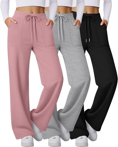 3 Pack Women's Wide Leg Sweatpants Baggy Workout High Waist Drawstring Jogger Winter Casual Yoga Pants with Pocket in Saudi Arabia
