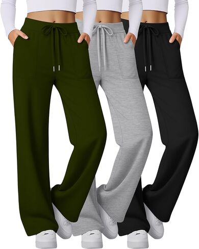 3 Pack Women's Wide Leg Sweatpants Baggy Workout High Waist Drawstring Jogger Winter Casual Yoga Pants with Pocket in Saudi Arabia