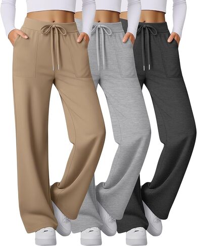 3 Pack Women's Wide Leg Sweatpants Baggy Workout High Waist Drawstring Jogger Winter Casual Yoga Pants with Pocket in Saudi Arabia