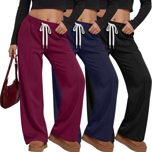 Neer 3 Pack Women Plus Size Pants Wide Leg Baggy Casual Palazzo Elastic Drawstring Pants Lounge Loose Sweatpants with Pockets in Saudi Arabia