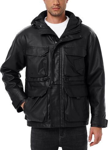 Mens Leather Jackets Casual Stand Collar PU Faux Leather Zip-Up Motorcycle Bomber Jacket With Hood in Saudi Arabia