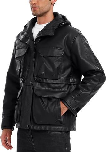 Mens Leather Jackets Casual Stand Collar PU Faux Leather Zip-Up Motorcycle Bomber Jacket With Hood in Saudi Arabia
