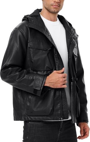 Mens Leather Jackets Casual Stand Collar PU Faux Leather Zip-Up Motorcycle Bomber Jacket With Hood in Saudi Arabia