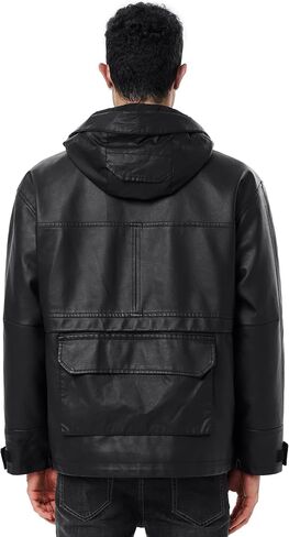 Mens Leather Jackets Casual Stand Collar PU Faux Leather Zip-Up Motorcycle Bomber Jacket With Hood in Saudi Arabia