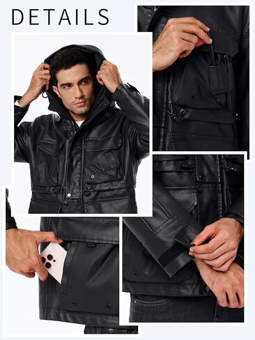 Mens Leather Jackets Casual Stand Collar PU Faux Leather Zip-Up Motorcycle Bomber Jacket With Hood in Saudi Arabia