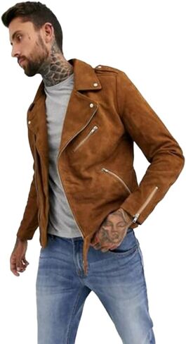 Men's Brown Suede Leather Jacket Biker Moto in Saudi Arabia