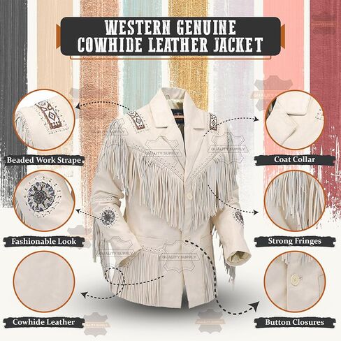 Men's Western Genuine Cowhide Leather Jacket Traditional Native American Cowboy Coat with Fringed-White Beige in Saudi Arabia