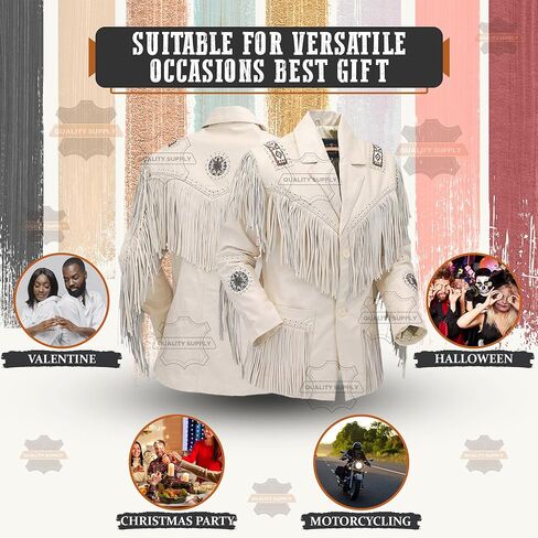 Men's Western Genuine Cowhide Leather Jacket Traditional Native American Cowboy Coat with Fringed-White Beige in Saudi Arabia