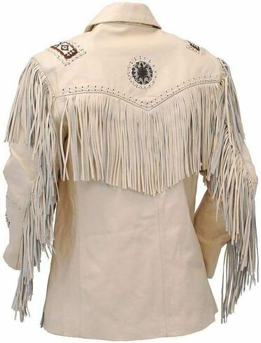 Men's Western Genuine Cowhide Leather Jacket Traditional Native American Cowboy Coat with Fringed-White Beige in Saudi Arabia