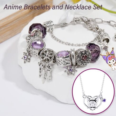 Kawaii Anime Bracelets and Necklace Set with Jewelry Box Adjustable Stainless Steel Bracelets Necklace Accessories Cute Stuff Bangle Gifts for Women in Saudi Arabia