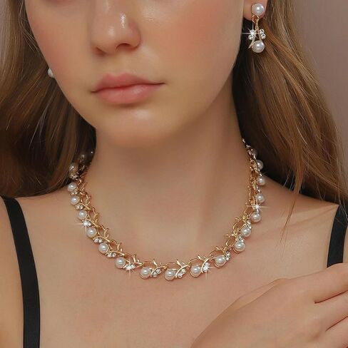 A Set Gold Color Bride Jewelry Sets For Women Luxury Choker Pearl Necklace Earrings Wedding Dress Bridal Necklace Sets Fashion in Saudi Arabia