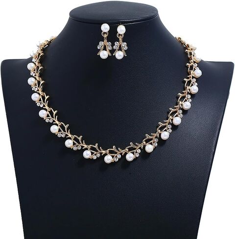 A Set Gold Color Bride Jewelry Sets For Women Luxury Choker Pearl Necklace Earrings Wedding Dress Bridal Necklace Sets Fashion in Saudi Arabia