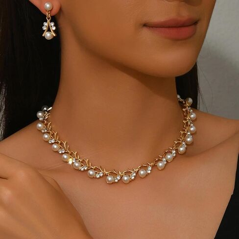 A Set Gold Color Bride Jewelry Sets For Women Luxury Choker Pearl Necklace Earrings Wedding Dress Bridal Necklace Sets Fashion in Saudi Arabia