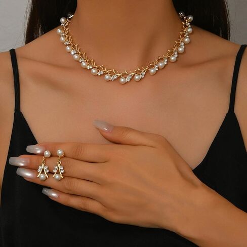 A Set Gold Color Bride Jewelry Sets For Women Luxury Choker Pearl Necklace Earrings Wedding Dress Bridal Necklace Sets Fashion in Saudi Arabia
