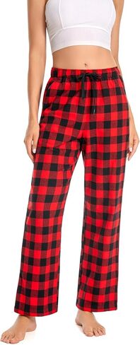 Women's 100% Cotton Flannel Pajama Pants Adjustable Elastic Waist Side Pockets Red Green Plaid, Christmas Gift Idea in Saudi Arabia